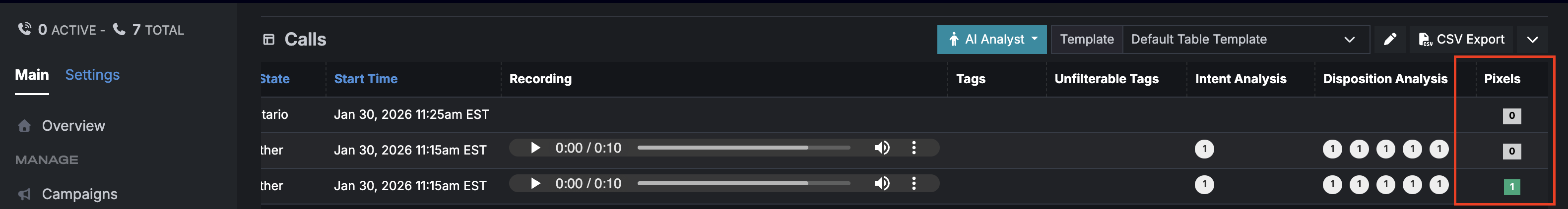 Call log beta pixels
