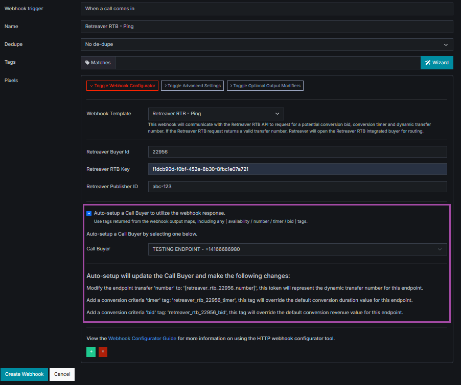 Webhook configurator summary
