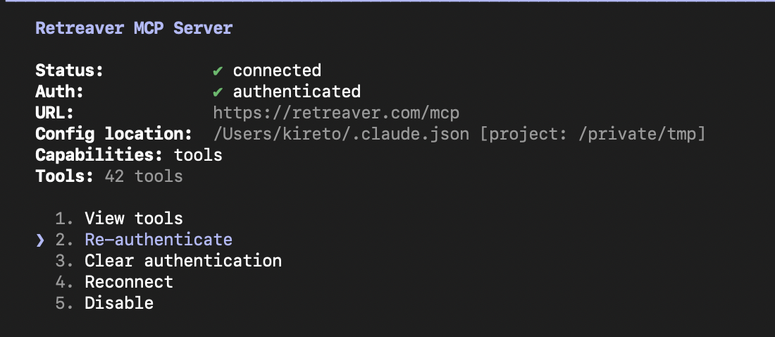 The /mcp panel in Claude Code