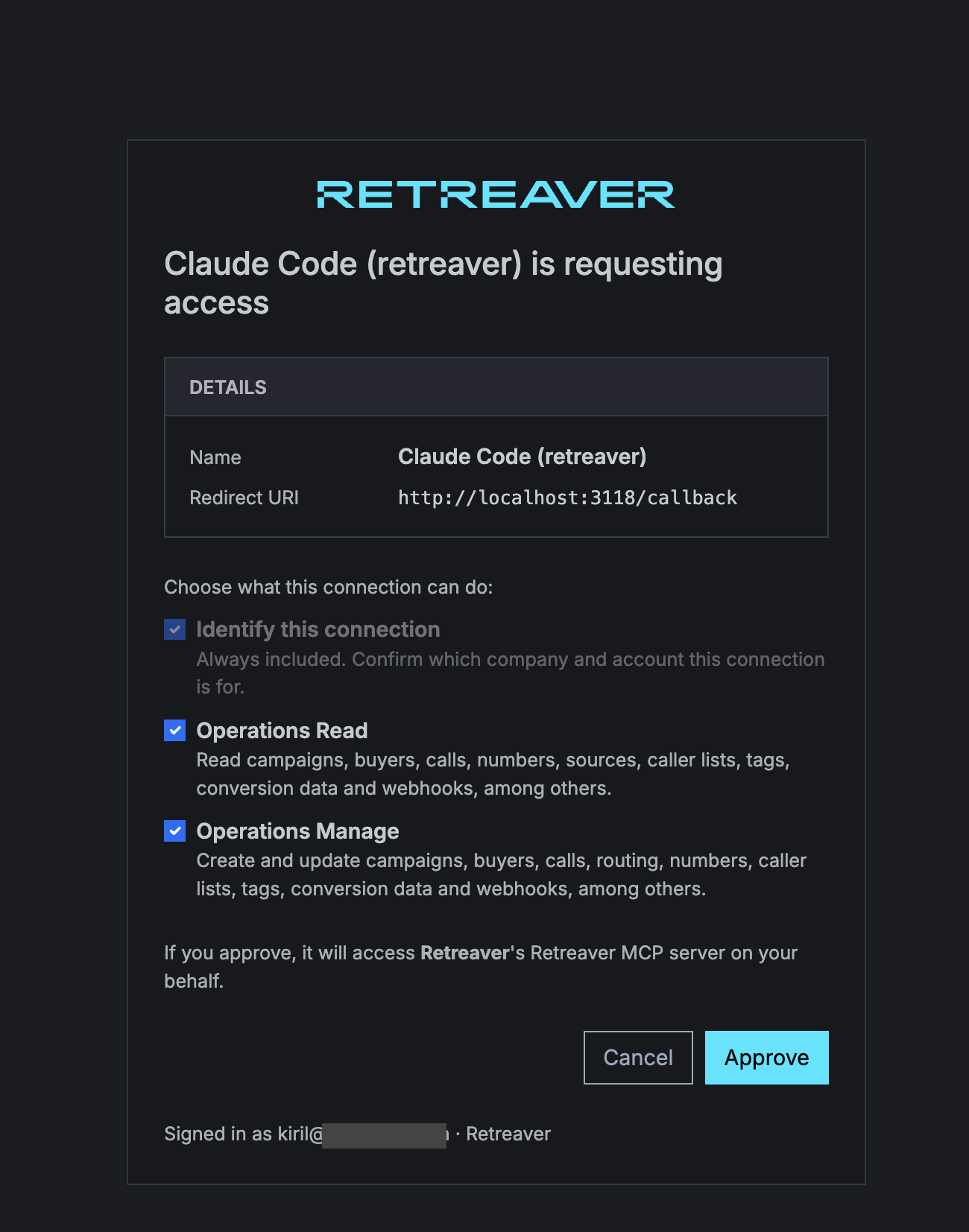 The Retreaver consent screen